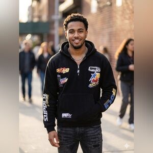 Sony Black Hoodie with Multicolor Racing Patches